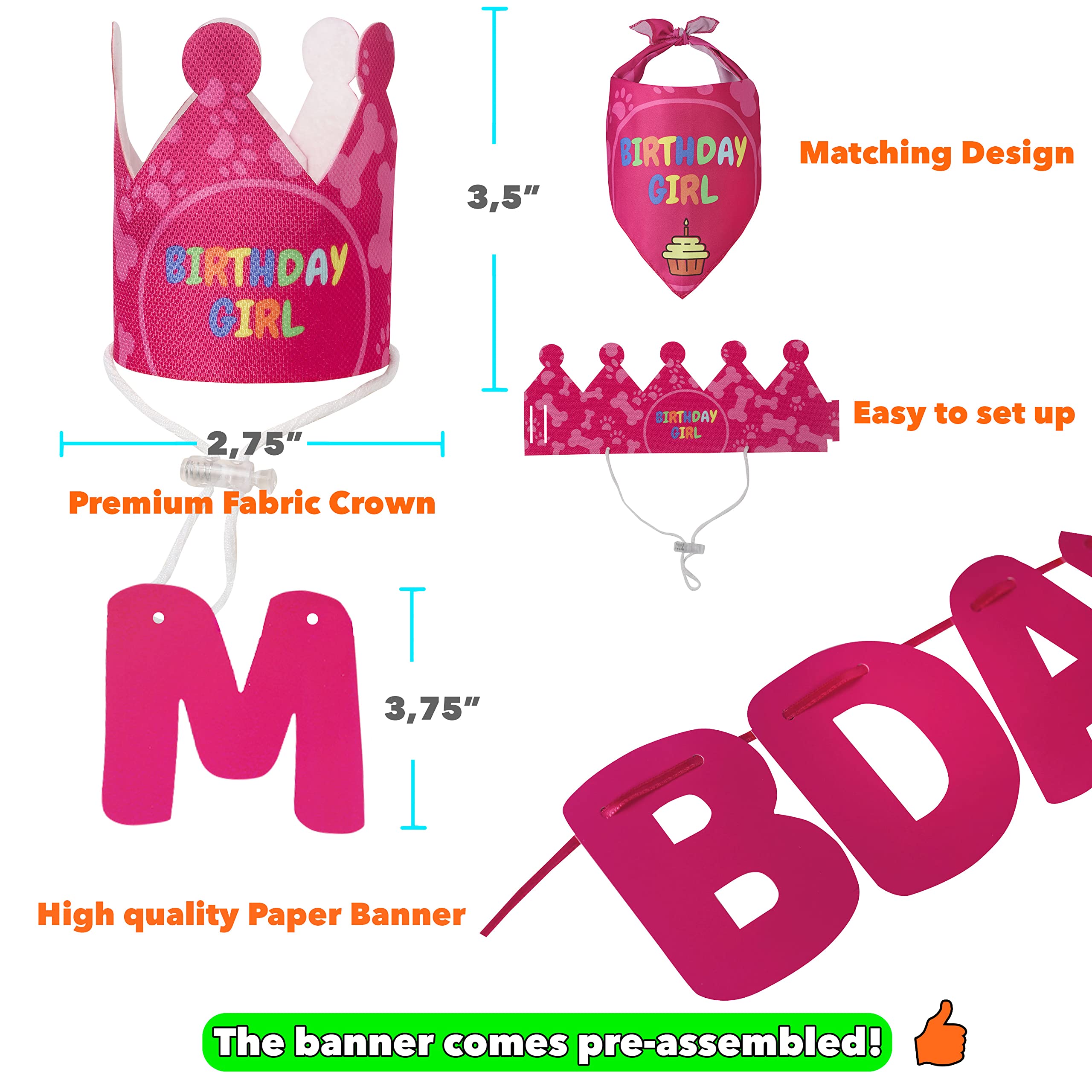 Odi Style Dog Birthday Party Supplies - Dog Birthday Bandana Set - Birthday Girl Bandana for Medium, Large Dogs, Party Hat, Crown and Cute Dog Birthday Banner with It's My Birthday Mother Puppers Sign