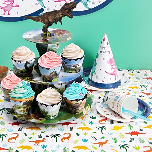 Dinosaur Cupcake Stand 3 Tier Cupcake Stand for Boys Dinosaur Birthday Party Cardboard Cupcake Stand for 24 Cupcakes