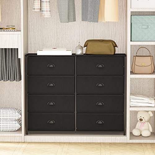 Furnulem 8 Drawer Dresser Wide 40'' Long, Storage Chest of Drawer for 50'' TV Stand, Closet, Bedroom, Nursery, Fabric Bins, Wooden Top Living Room Rustic Furniture (Black)