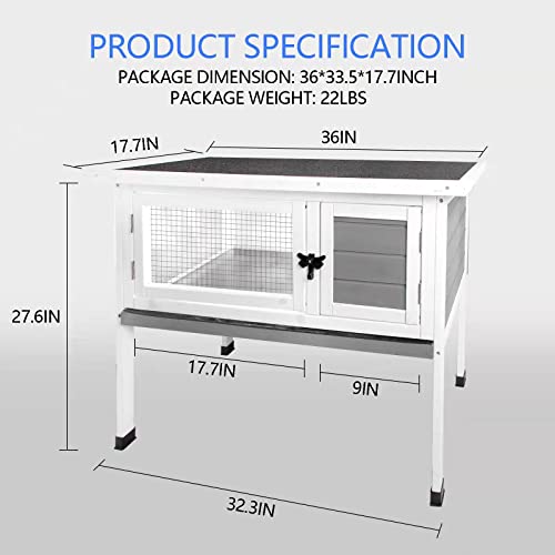 AMZOSS 36" Rabbit Hutch, Wooden Bunny Cages Indoor with Deeper Leakproof Tray, Small Elevated Rabbit Hutch with Hinged Asphalt Roof, and Made of Strong Fir Wood Indoor/Outdoor (US Spot)