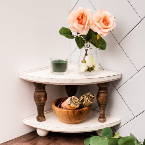 DAILY RITMO Corner Counter Wood Shelf | Stackable Countertop Bathroom Organizer | Farmhouse White Wash Tray Riser Wooden Shelves 2-Pack | Rustic Decorative Pedestal Stand | Triangular Storage Pedestal