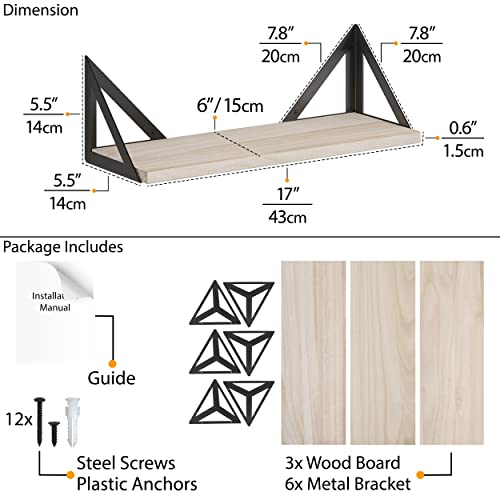 Wallniture Minori Floating Bookshelf Set of 3, Floating Shelves for Wall Storage, Natural Wood Wall Shelves for Living Room, Bedroom, Bathroom, Kitchen