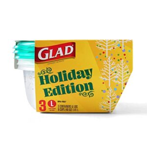 gladware big bowl large round holiday edition food storage containers with lids | 48 oz holiday containers with green pine tree design, 3 count set | airtight food storage containers for food
