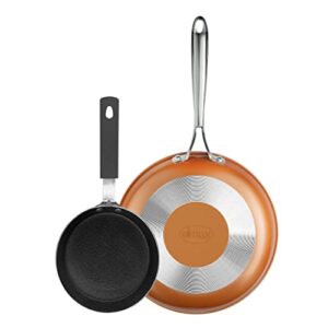 gotham steel cast set, 2 piece nonstick copper fry pans, 5.5” & 9.5” non stick skillets, metal utensil oven & dishwasher safe