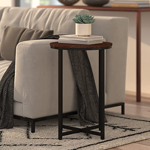 Taylor + Logan Brennan End Table - Engineered Wood Walnut Side Table with Matte Black Cross Brace Frame - 15.75" Round Side Table