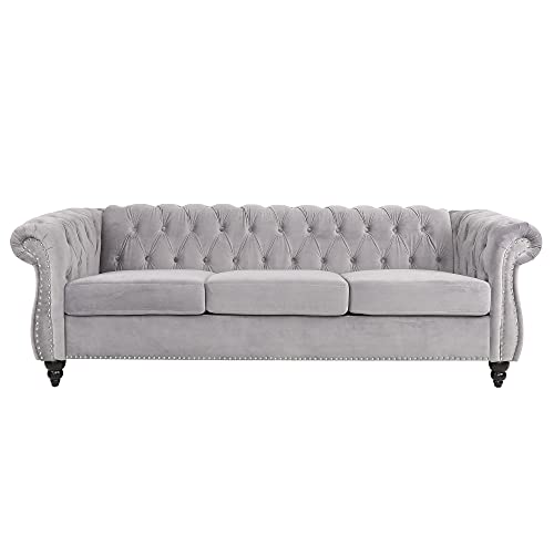 ONCIN Velvet Chesterfield Sofa, 84'' Modern Tufted 3 Seater Couch with Scroll Arms and Wood Legs for Living Room Bedroom (Gray), Grey Velvet, 84 In Chesterfield Sofa