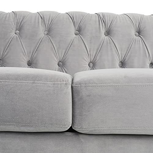 ONCIN Velvet Chesterfield Sofa, 84'' Modern Tufted 3 Seater Couch with Scroll Arms and Wood Legs for Living Room Bedroom (Gray), Grey Velvet, 84 In Chesterfield Sofa