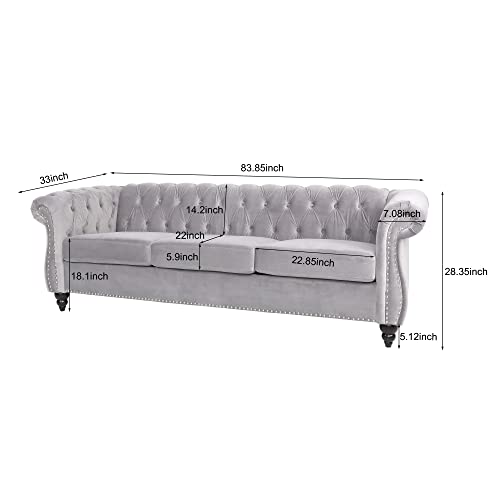 ONCIN Velvet Chesterfield Sofa, 84'' Modern Tufted 3 Seater Couch with Scroll Arms and Wood Legs for Living Room Bedroom (Gray), Grey Velvet, 84 In Chesterfield Sofa