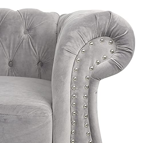 ONCIN Velvet Chesterfield Sofa, 84'' Modern Tufted 3 Seater Couch with Scroll Arms and Wood Legs for Living Room Bedroom (Gray), Grey Velvet, 84 In Chesterfield Sofa