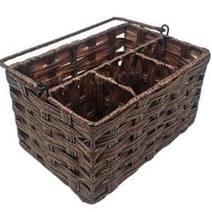 Kovot Poly-Wicker Woven Cutlery Storage Organizer Caddy Tote Bin Basket for Kitchen Table, Cabinet, Pantry, Indoor & Outdoor - Woven Polypropylene | Measures 9.5" x 6.5" x 5" (Dark Brown)