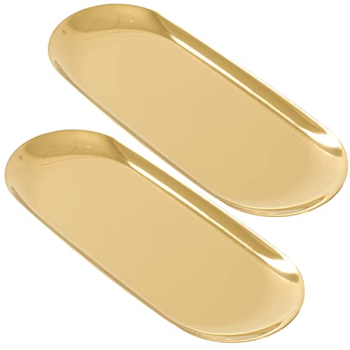 2 Pack Oval Decorative Brass Trays with Mirror Finish, 9”Small Gold Tray with Curved Lip, Dessert Table Serving Platter Vanity Jewelry Metal Tray for Desktop, Exxacttorch