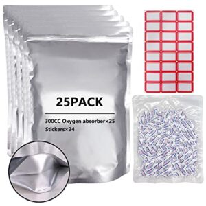 25pcs mylar bags for food storage, 1 gallon mylar bags with oxygen absorbers (300cc×25pcs), extra thick stand-up zipper pouches resealable heat sealable bags(10"x14")