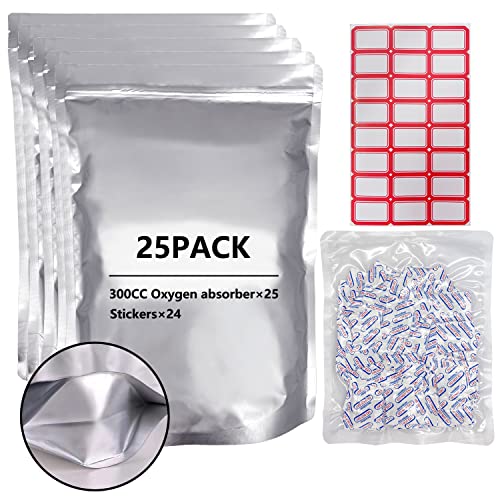 25PCS Mylar Bags For Food Storage, 1 Gallon Mylar Bags With Oxygen Absorbers (300CC×25PCS), Extra Thick Stand-Up Zipper Pouches Resealable Heat Sealable Bags(10"x14")