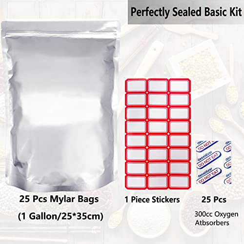 25PCS Mylar Bags For Food Storage, 1 Gallon Mylar Bags With Oxygen Absorbers (300CC×25PCS), Extra Thick Stand-Up Zipper Pouches Resealable Heat Sealable Bags(10"x14")