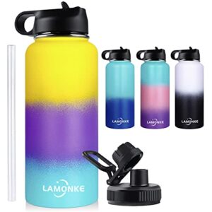 lamonke 32oz vacuum insulated stainless steel water bottle with straw lids & spout lids & wide mouth, double wall bpa free sweat-proof thermos to keep beverages perfectly hot or cold