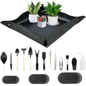 smfanlin 29.5"x29.5" foldable plant repotting mat for gardening, thicken oxford indoor succulent transplanting potting tarp mat with garden tools and 30 mesh pads - waterproof & anti dirty (black)
