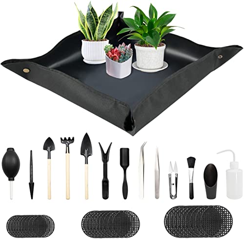 SMFANLIN 29.5"x29.5" Foldable Plant Repotting Mat for Gardening, Thicken Oxford Indoor Succulent Transplanting Potting Tarp Mat with Garden Tools and 30 Mesh Pads - Waterproof & Anti Dirty (Black)