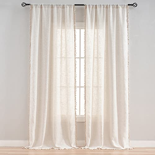 VOILYBIRD Natural Linen Blended Farmhouse Curtains 84 Inches Long Living Room Boho Curtains & Drapes Country Style, W40 x L84, Natural, 2 Panels Set