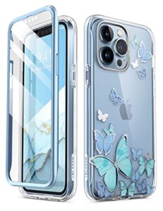 i-blason cosmo series for iphone 13 pro max case 6.7 inch (2021 release), slim full-body stylish protective case with built-in screen protector (blue butterfly)