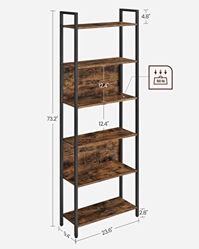 VASAGLE ALINRU 6-Tier Bookshelf, Tall Storage Shelves, Shelving Unit with Steel Frame, for Living Room, Entryway, Hallway, Office, Industrial Style, Rustic Brown and Black ULLS113B01