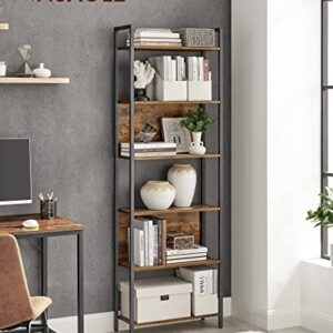 VASAGLE ALINRU 6-Tier Bookshelf, Tall Storage Shelves, Shelving Unit with Steel Frame, for Living Room, Entryway, Hallway, Office, Industrial Style, Rustic Brown and Black ULLS113B01