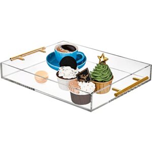 lyellfe acrylic serving tray with gold handles, 14 x 11 inch lucite tray for coffee table, spill-proof clear food serving tray for breakfast, coffee, cosmetic or magazine