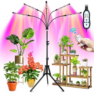 wolezek grow lights for indoor plants, upgraded [5-heads] full spectrum plant lights with stand, led plant grow lights indoor with auto 4/8/12h timer, dual remote, adjustable tripod 15-61in