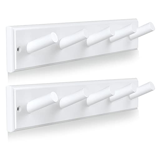 horkmous 2PCS Coat Rack Wall Mount, 5 Pegs Wood Coat Hook Wall Hanger, 17 Inches Wall Mounted Coat Rack for Hanging Towels, Hats, Backpacks, Clothes, Keys(White)