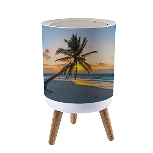 IBPNKFAZ89 Small Trash Can with Lid Palm Tree Sunrise in Tulum Garbage Bin Wood Waste Bin Press Cover Round Wastebasket for Bathroom Bedroom Kitchen 7L/1.8 Gallon