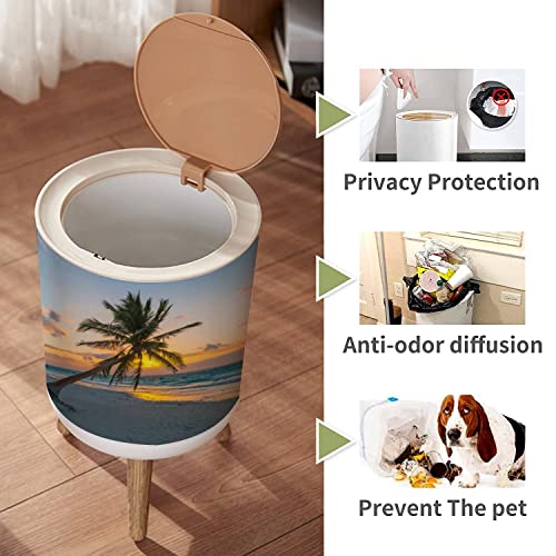 IBPNKFAZ89 Small Trash Can with Lid Palm Tree Sunrise in Tulum Garbage Bin Wood Waste Bin Press Cover Round Wastebasket for Bathroom Bedroom Kitchen 7L/1.8 Gallon