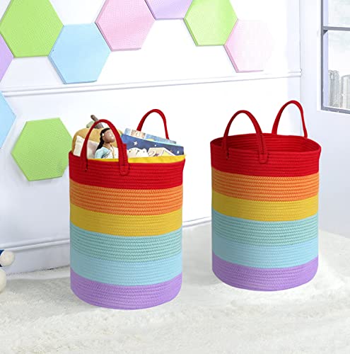 Large Rainbow Basket 18” x14”| Colorful Classroom Decor for Toy Storage Baskets for Organizing | Cotton Rope Laundry Basket Hamper with Handles for Playroom Organization