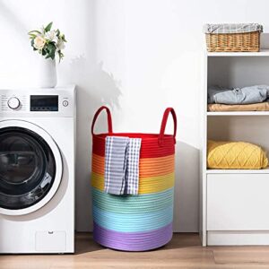 Large Rainbow Basket 18” x14”| Colorful Classroom Decor for Toy Storage Baskets for Organizing | Cotton Rope Laundry Basket Hamper with Handles for Playroom Organization