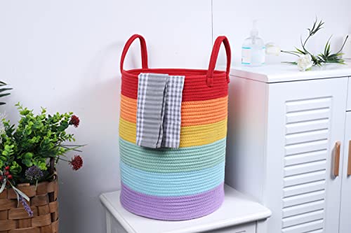 Large Rainbow Basket 18” x14”| Colorful Classroom Decor for Toy Storage Baskets for Organizing | Cotton Rope Laundry Basket Hamper with Handles for Playroom Organization