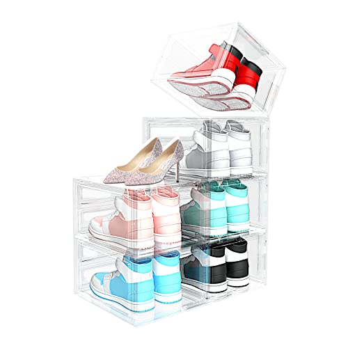 Eoszaous Shoe Box, 6 Pack Shoe Boxes Clear Plastic Stackable, Shoe Storage Boxes with Lids, Drop Front Shoe Boxes for Sneaker Storage Display, Fit Up to US Size 12 (13.6”x 10.4”x 7.5”) (Transparent)