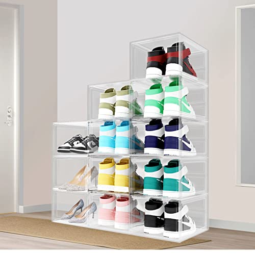 Eoszaous Shoe Box, 6 Pack Shoe Boxes Clear Plastic Stackable, Shoe Storage Boxes with Lids, Drop Front Shoe Boxes for Sneaker Storage Display, Fit Up to US Size 12 (13.6”x 10.4”x 7.5”) (Transparent)