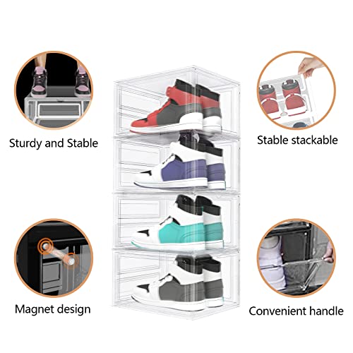 Eoszaous Shoe Box, 6 Pack Shoe Boxes Clear Plastic Stackable, Shoe Storage Boxes with Lids, Drop Front Shoe Boxes for Sneaker Storage Display, Fit Up to US Size 12 (13.6”x 10.4”x 7.5”) (Transparent)