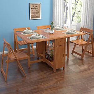 Solid Wood Drop Leaf Table with 4 Chairs, Household Folding Dining Table Set, Small Apartment Simple Solid Wood Table, Rectangular Kitchen Dining Table, Brown