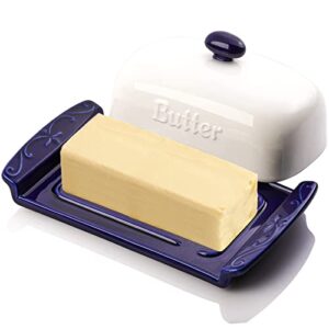 avla ceramic butter dish with lid, porcelain butter keeper container for countertop, counter, butter tray holder for butter storage, perfect for east and west butter, holds 1 stick, cobalt blue
