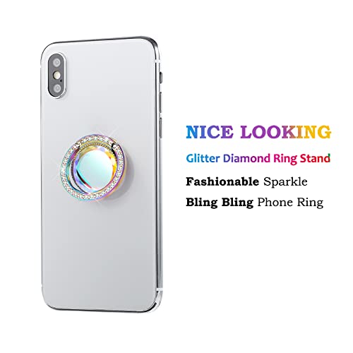 lenoup Iridescent Glitter Bling Bling Phone Ring Holder,Sparkle Phone Ring Grip Artificial Stand with Flat Diamond,Flat Rhinestone Cell Finger Ring for Phones,Pad(Rainbow)