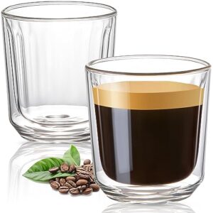 aquach double wall glass espresso cup 8 oz set of 2 - insulated clear coffee mug for hot/cold drinks, microwave safe