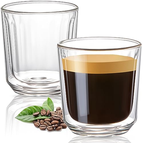 Aquach Double Wall Glass Espresso Cup 8 Oz Set of 2 - Insulated Clear Coffee Mug for Hot/Cold Drinks, Microwave Safe