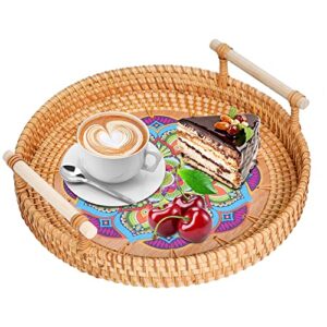 elesunory hand-woven rattan serving tray, rattan round serving tray with handle, coffee tray decor for serving coffee, drinks, bread, fruit, vegetables, snacks