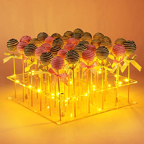 Acrylic Cake Pop Display Stand, ANMEISH 36 Hole Clear Lollipop Holder with LED String Lights, Ideal for Weddings Baby Showers Birthday Party Anniversaries Holiday Candy Decorative (Yellow Light)