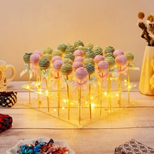 Acrylic Cake Pop Display Stand, ANMEISH 36 Hole Clear Lollipop Holder with LED String Lights, Ideal for Weddings Baby Showers Birthday Party Anniversaries Holiday Candy Decorative (Yellow Light)