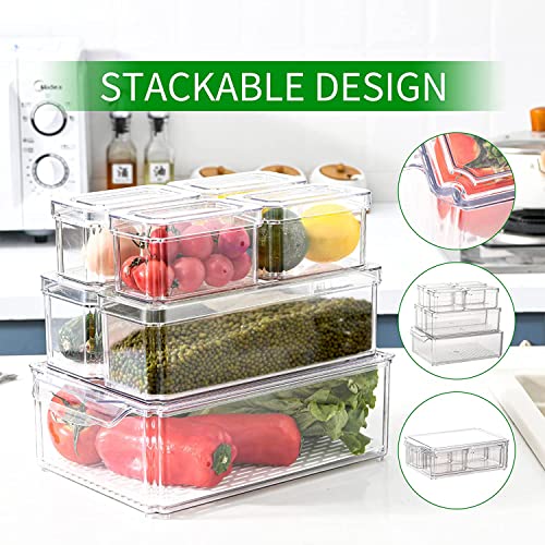 Fridge Organizer with Lid, Set of 7 Stackable Plastic Organizer Bins, and Removable Drain Tray Vegetable Storage Containers for Refrigerator, for Freezer, Cabinet, Kitchen Pantry Organization (7 pack)