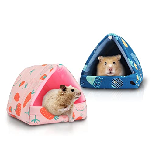 YUEPET 2PCS Hamster Cave Beds Small Animal Warm House Cozy Triangle Hideouts Cute Mini Nest for Hamster Dwarf Rats Hedgehogs Mouse Gerbils Mice(Pink & Blue)