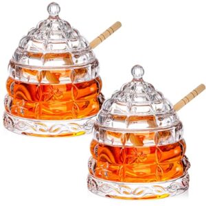 hacaroa 2 pack 10 oz glass honey pot with lid and wooden dipper, clear honey jar beehive honey dish dispenser container for jam jelly, home kitchen, wedding gifts, candlesticks, barware