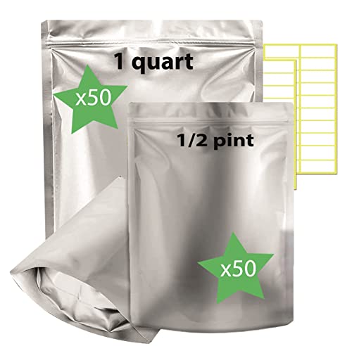 NEWAYLIFE 100 Quart Mylar Bags and 1/2 Pint Mylar Bags for Food Storage, Stand-Up Zipper pouches for Long Term Food Storage, Resealable and Heat Sealable. Mylar bags 4x6