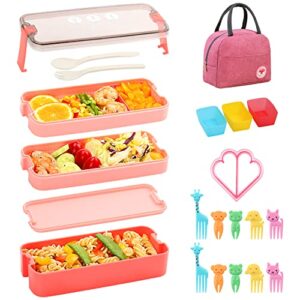 onanuto bento box adult lunch box, 3 in 2 - bento box kit with sandwich cutters, microwave safe lunch containers with lunch bag stackable bento lunch box set