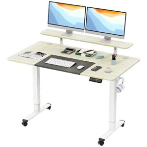 woka 55 x 28 inch dual motor electric standing desk, 2-tier height adjustable stand up desk, sit stand desk with memory controller, adjustable desks for home office, motorized desk with splice board